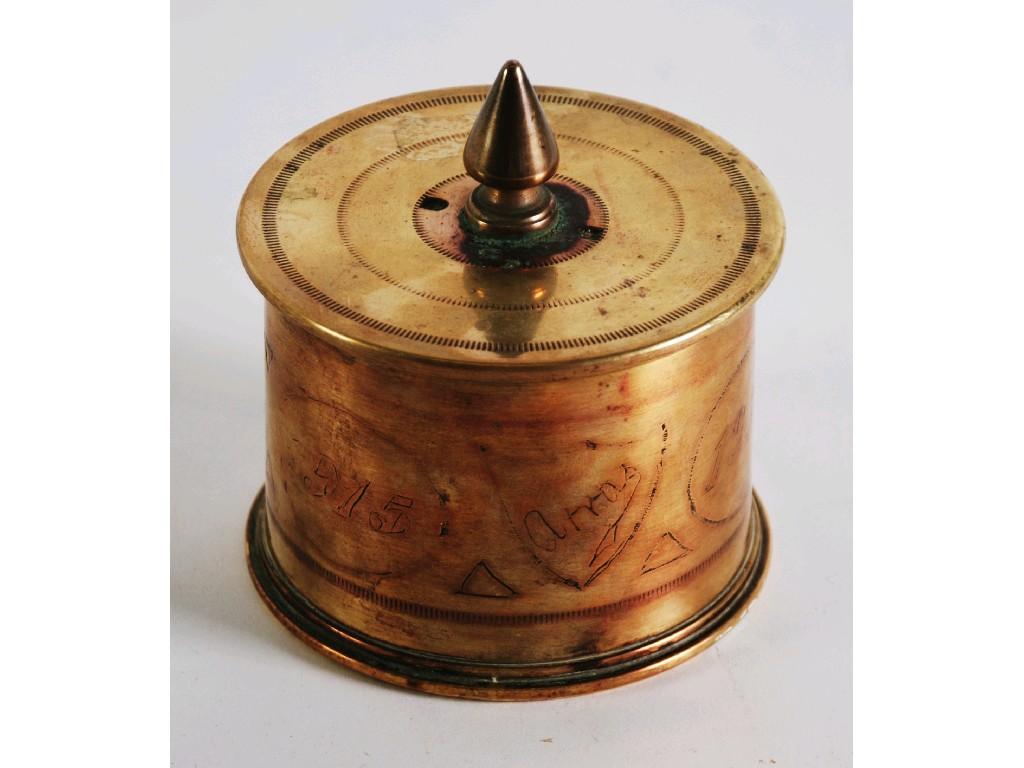 Appraisal: WWI FRENCH ART BRASS SHELL CASE TOBACCO BOX AND COVER