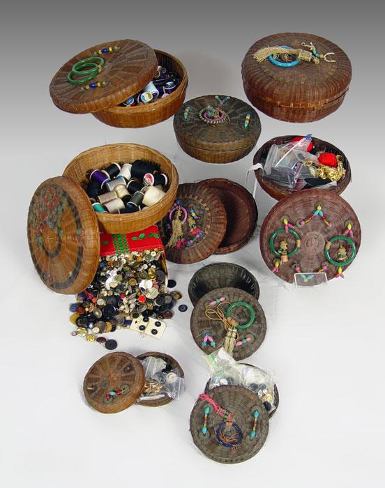 Appraisal: VINTAGE CHINESE SEWING BASKET COLLECTION baskets filled with buttons thread