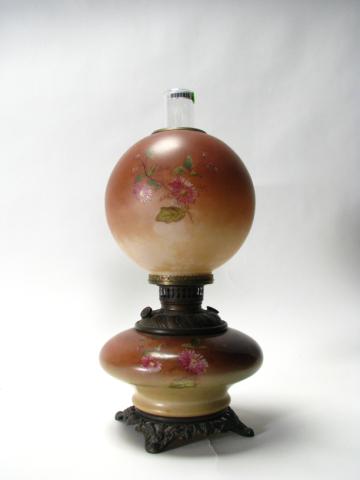 Appraisal: Antique oil lamp hand painted glass base and shade signed