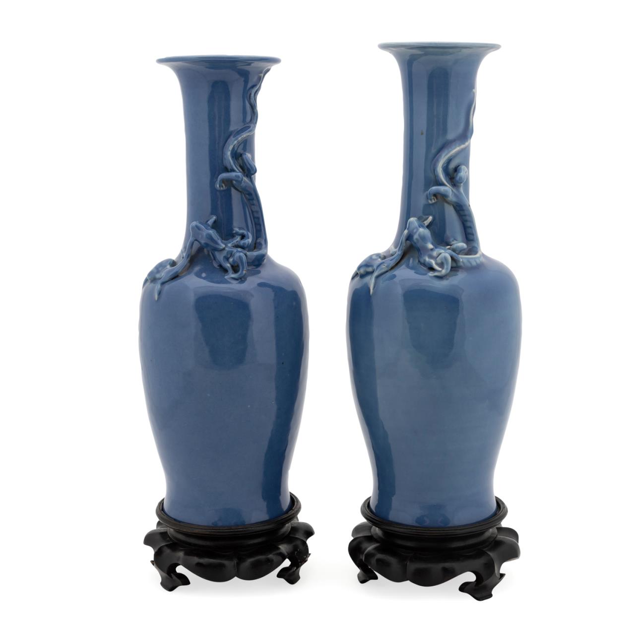 Appraisal: PAIR OF CHINESE BLUE MONOCHROME VASES W STANDS Pair of