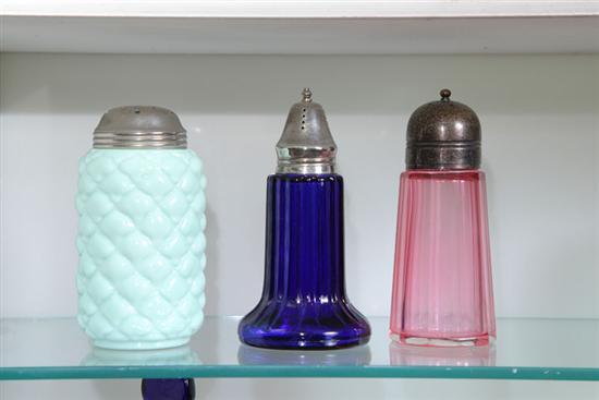 Appraisal: THREE SUGAR SHAKERS One is green and in the Cone