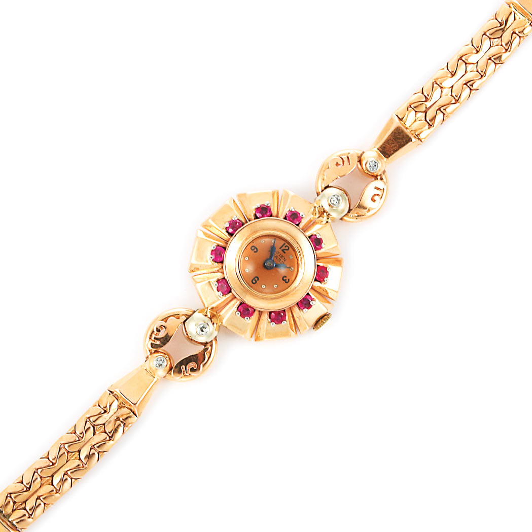 Appraisal: Lady's Rose Gold Synthetic Ruby and Diamond Wristwatch kt mechanical