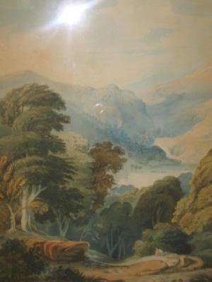 Appraisal: F TOWNE Mountainous Landscape with Figure resting in the Foreground