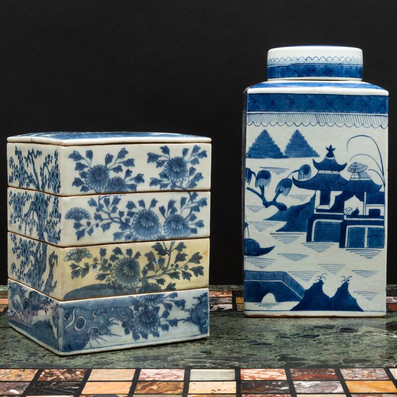 Appraisal: Chinese Blue and White Porcelain Four-Tiered Box and a Square