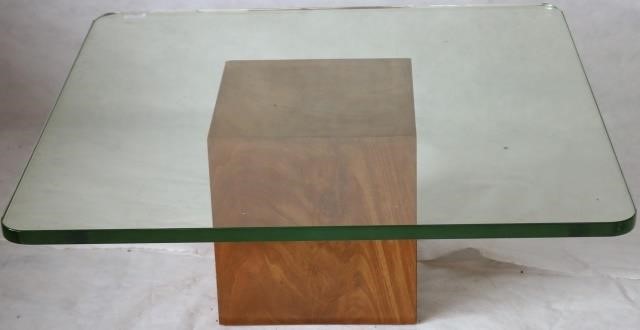 Appraisal: MID-CENTURY DUNBAR GLASS TOP COFFEE TABLE WALNUTBASE WITH HEAVY PLATE