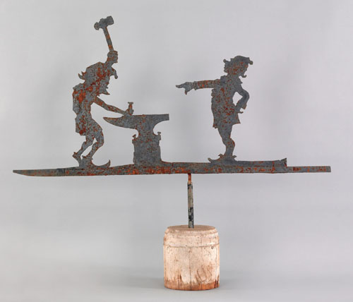 Appraisal: American sheet iron weathervane ca depicting two blacksmiths at work