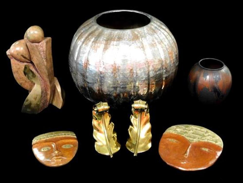 Appraisal: Metalware and stone seven pieces contemporary stone and bronze sculpture