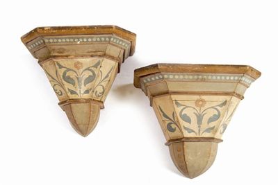 Appraisal: Two th century French painted pine wall brackets each decorated