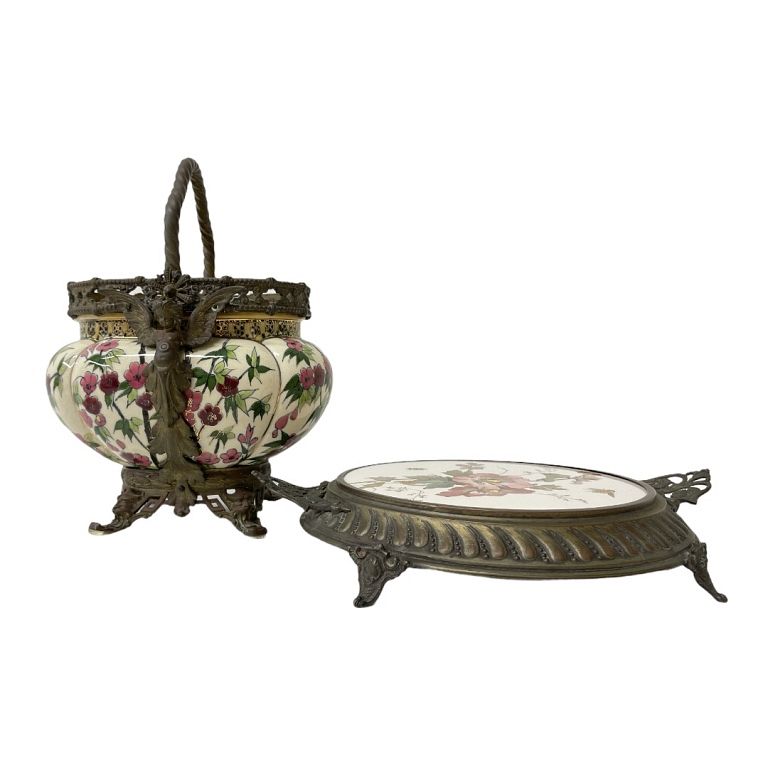 Appraisal: Zsolnay Porcelain Basket and Porcelain Plate painted porcelain and brass