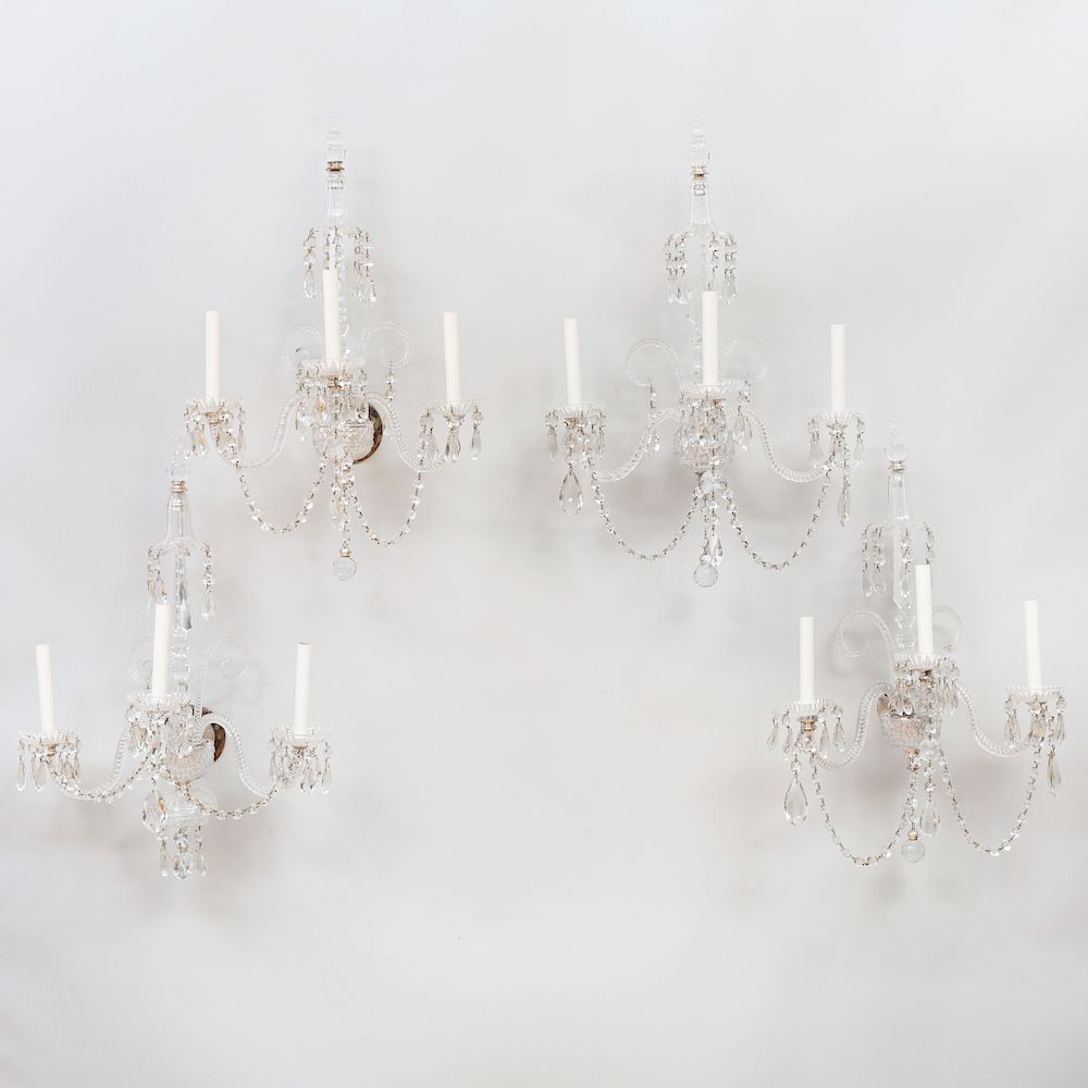 Appraisal: Four George III Style Three-Light Crystal Sconces One sconce with