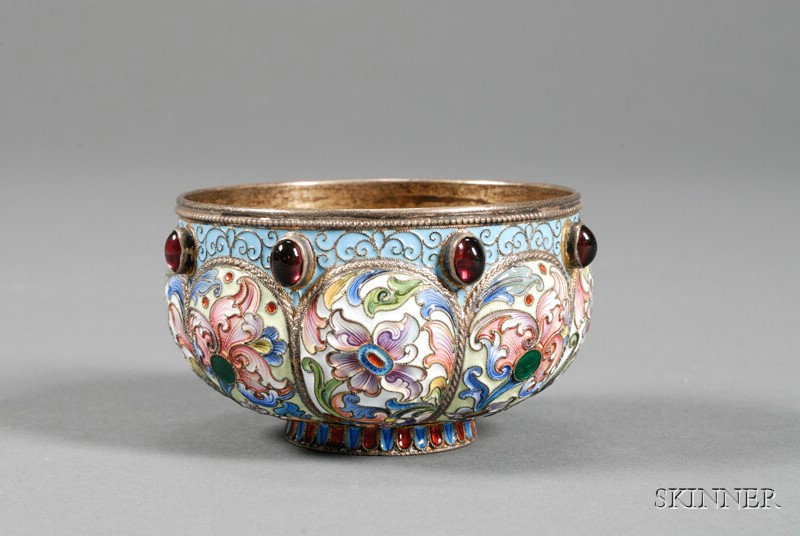 Appraisal: Small Russian Silver Enamel and Stone-set Bowl - maker possibly