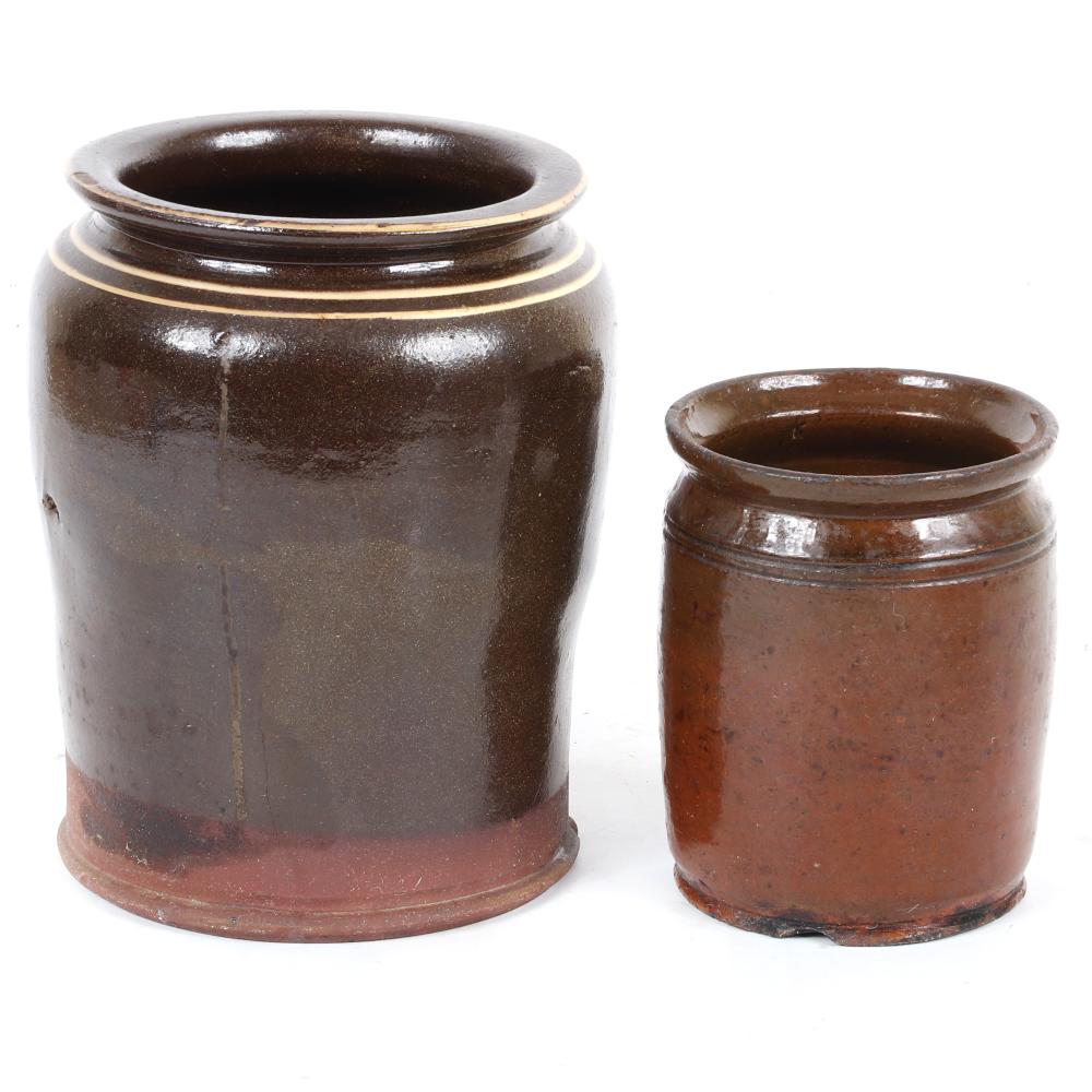 Appraisal: TWO ANTIQUE REDWARE PANTRY JARS WITH MANGANESE GLAZE ON TALL