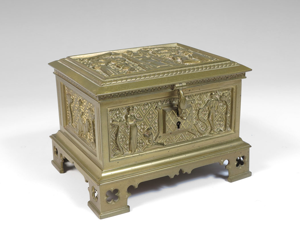 Appraisal: EMBOSSED BRONZE JEWEL CASKET Embossed hinged lid and sides with