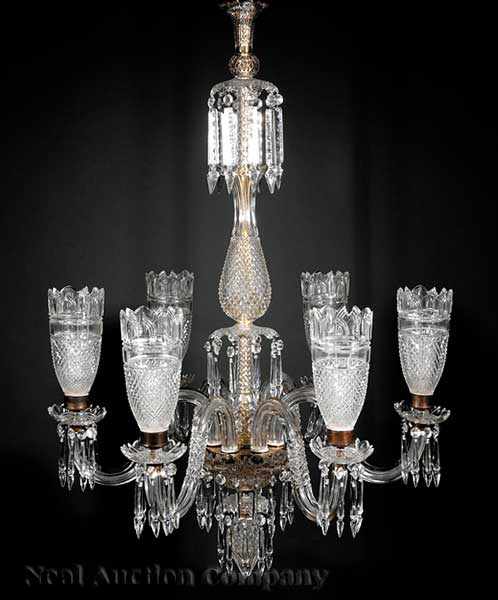 Appraisal: An Osler-Style Cut Glass Six-Light Chandelier the shaped baluster-form standard