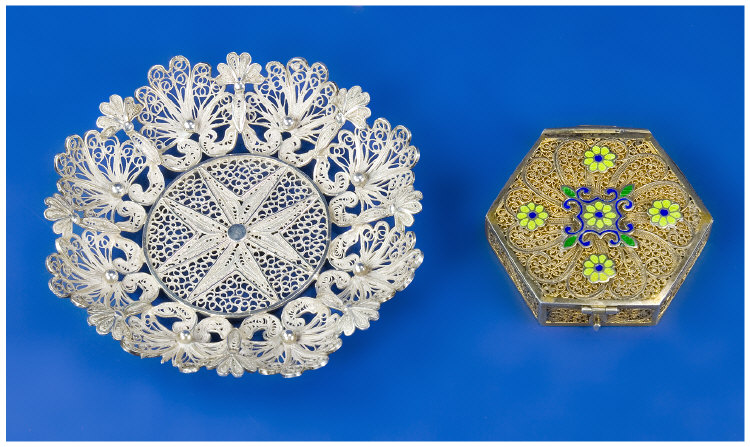 Appraisal: Silver Wire Work and Enamelled Compact The Hinged Top With