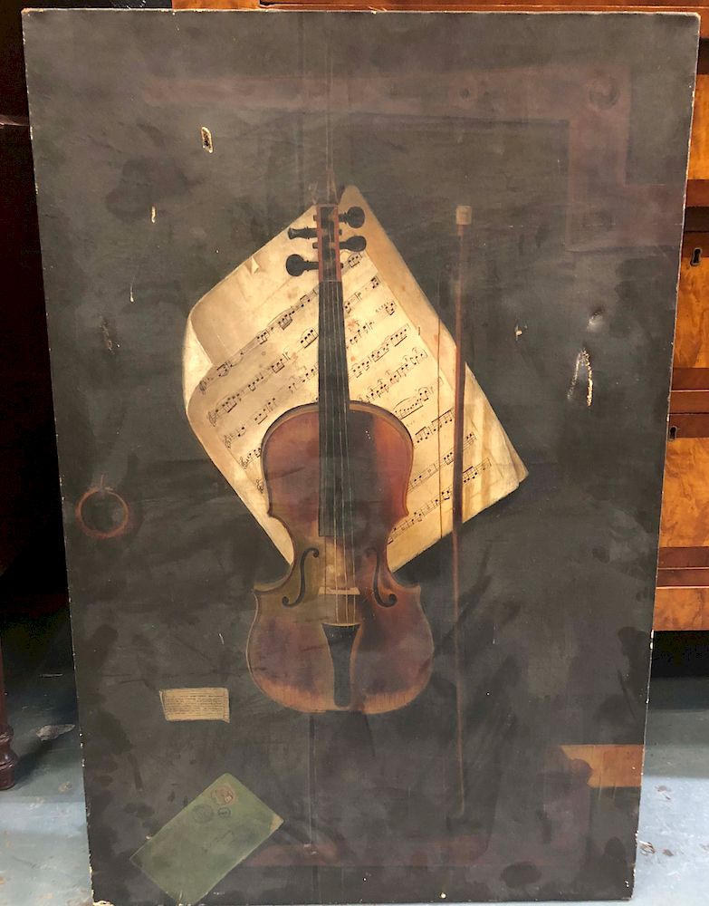 Appraisal: Early Oil Painting Still Life Violin Early Oil Painting Still