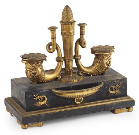 Appraisal: REGENCY BLACK MARBLE AND GILT BRONZE INKSTAND CIRCA the stepped