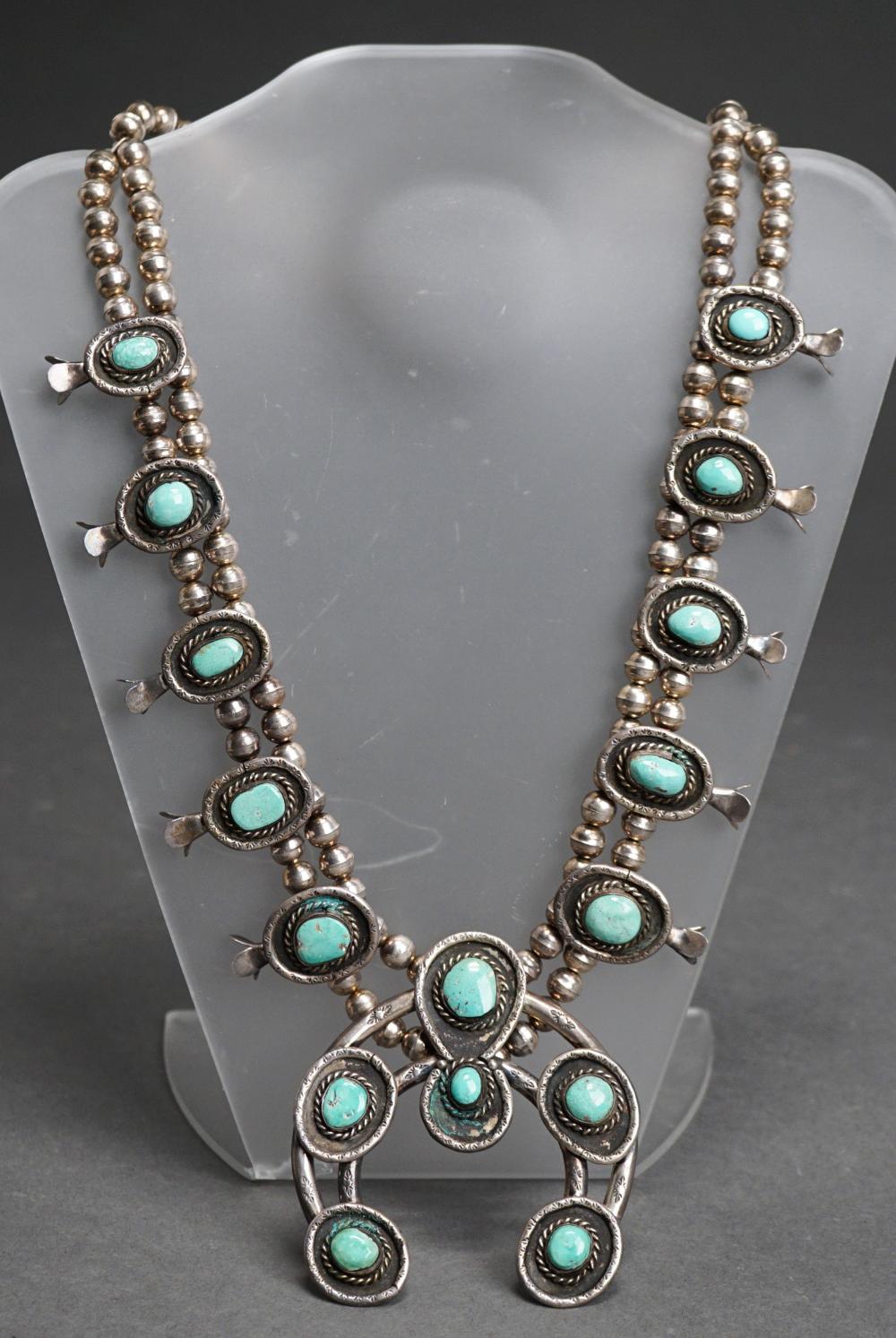 Appraisal: Southwest Silver and Turquoise Squash Blossom Necklace L of Necklace