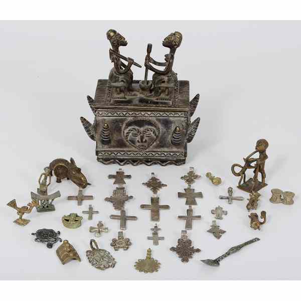 Appraisal: African Cast Iron Art Box with Charms An African figural