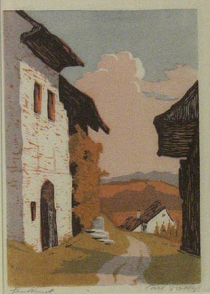 Appraisal: Carl Rotky Austrian - Village Scene n d Color linocut