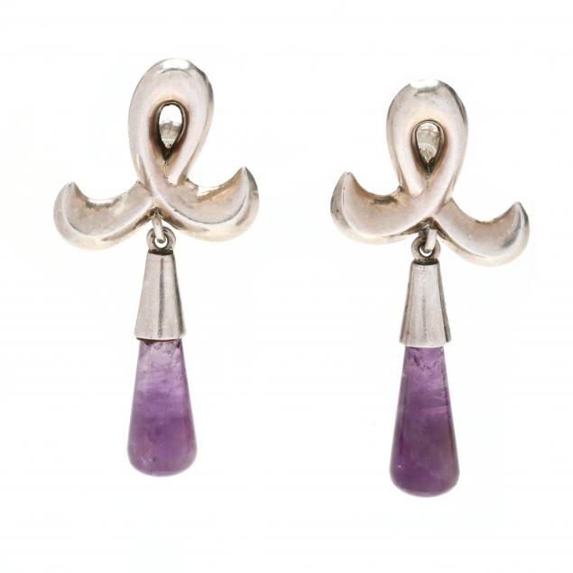 Appraisal: Pair of Silver and Amethyst Earrings Antonio Pineda The ribbon