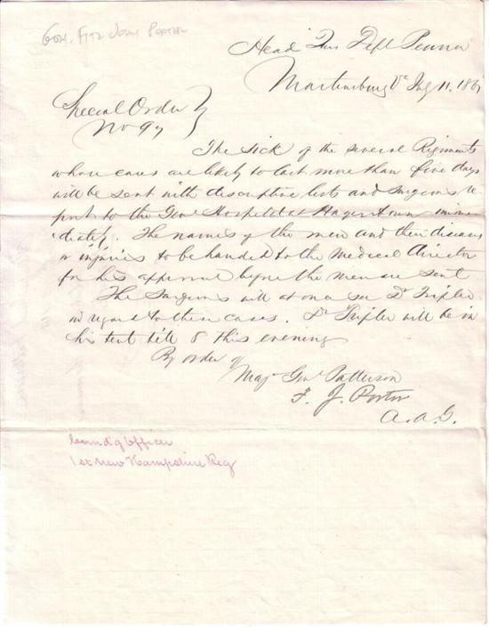 Appraisal: CIVIL WAR PORTER FITZ-JOHN Document Signed F J Porter ordering