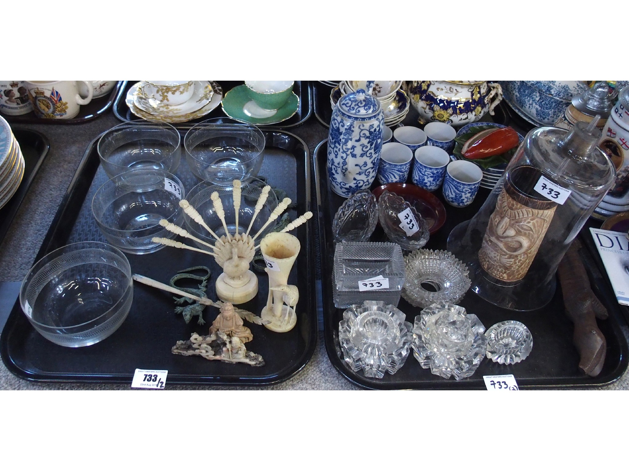 Appraisal: Two trays comprising five glass dessert bowls blue and white