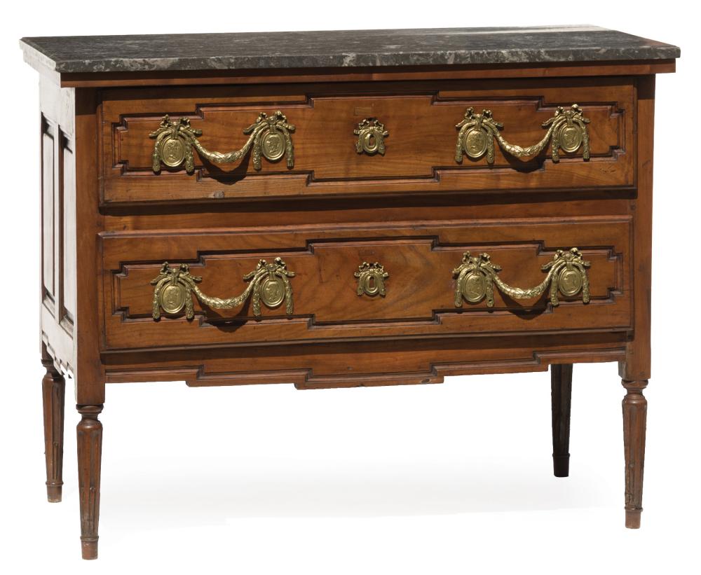 Appraisal: Antique Louis XVI-Style Fruitwood Commode molded gray marble top two