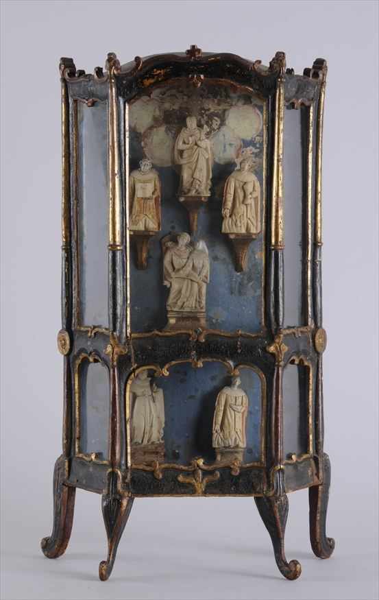 Appraisal: SIX GOTHIC STYLE CARVED ALABASTER FIGURES SET INTO A VENETIAN