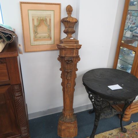 Appraisal: Carved Wooden Newell Post th century flame urn top tall