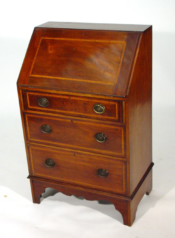 Appraisal: Small Victorian inlaid mahogany bureau the fall enclosing a drawer