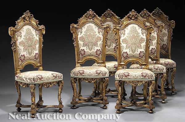 Appraisal: A Set of Six Antique Italian Carved and Gilded Dining