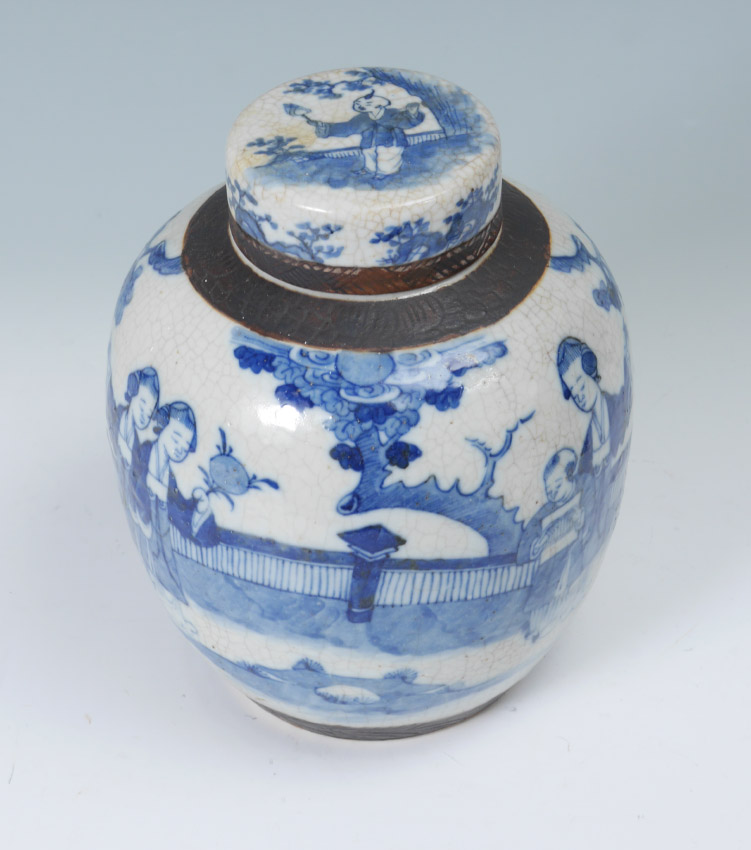 Appraisal: BLUE AND WHITE DECORATED CHINESE GINGER JAR Lid with child