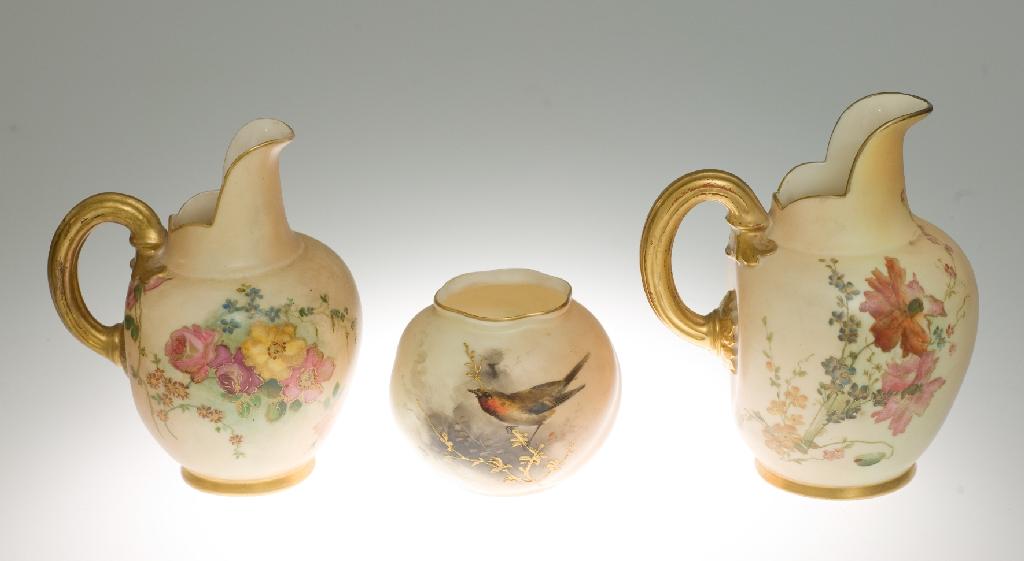 Appraisal: ROYAL WORCESTER BLUSH IVORY FLAT-BACKED JUG painted with a floral