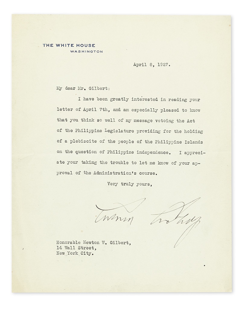 Appraisal: VETO OF PHILIPPINE INDEPENDENCE COOLIDGE CALVIN Typed Letter Signed as