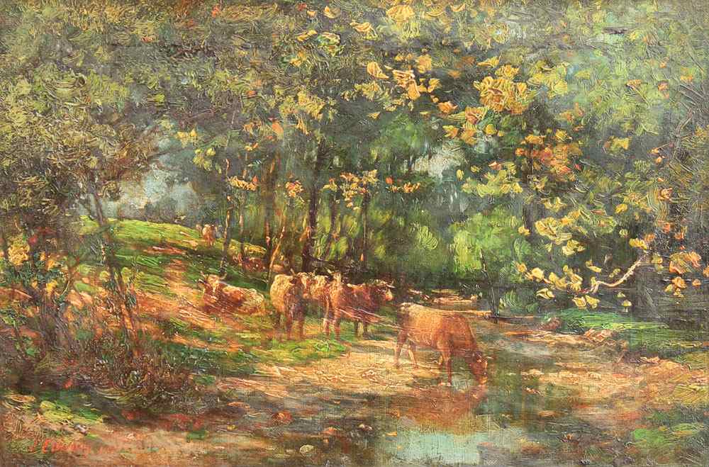 Appraisal: BUNDY John Elwood American Cows watering in a lush green