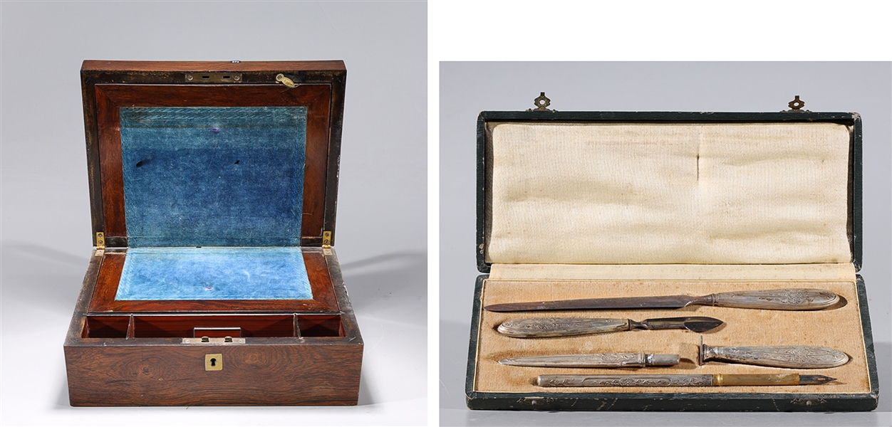 Appraisal: Group of European writing objects including wood traveling desk with