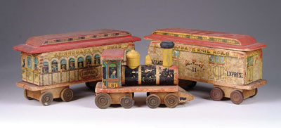 Appraisal: THREE-PIECE LITHO BLISS TRAIN SET Locomotive and two cars Adirondack