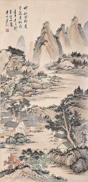 Appraisal: Chinese School th c Mountainous Landscape with Houses ink and