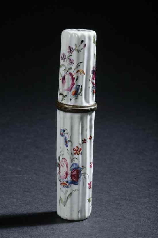 Appraisal: ENGLISH ENAMELLED NEEDLE CASE late th-early th century Fluted columnar