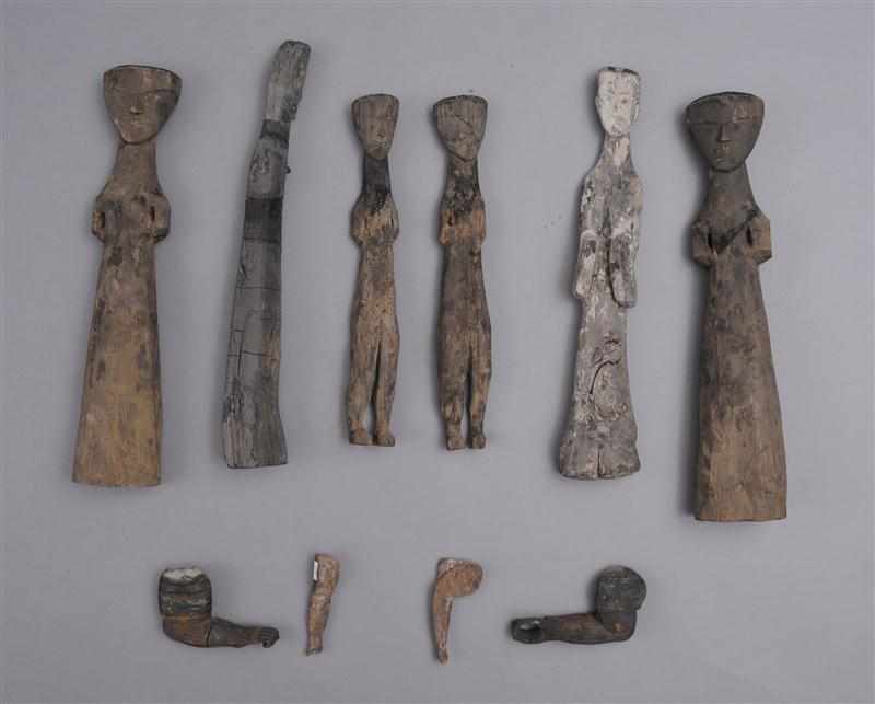 Appraisal: SIX WESTERN ZHOU DYNASTY WOOD TOMB FIGURES Each of tall