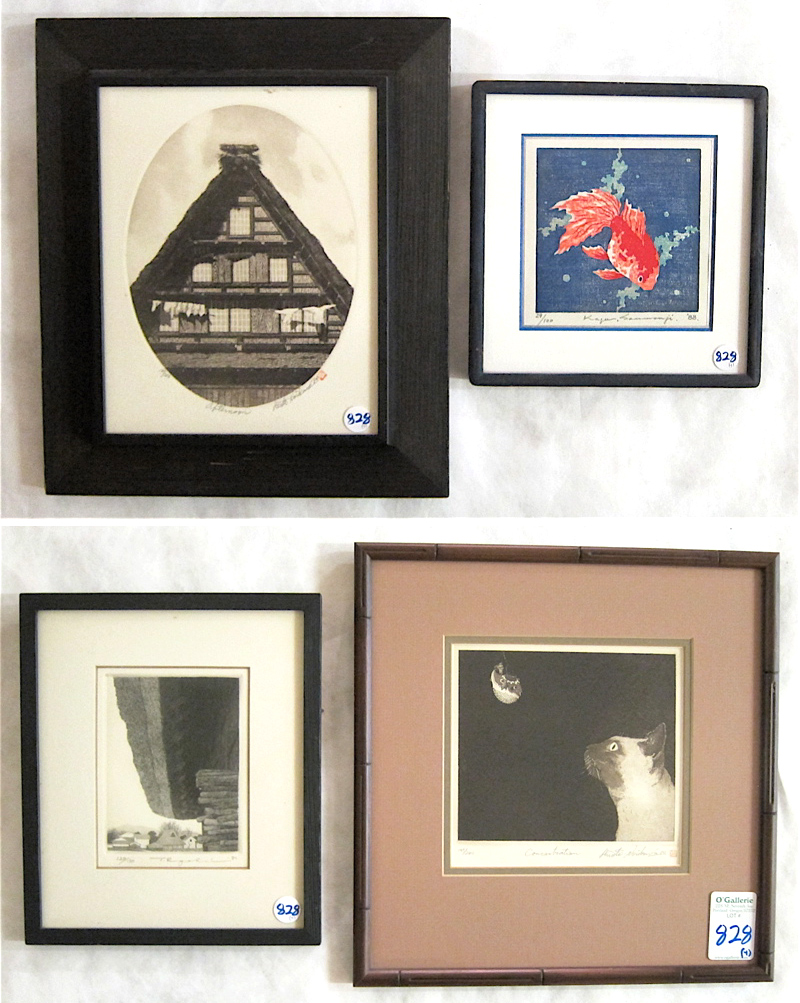 Appraisal: THREE ETCHINGS AND ONE WOODCUT Japanese Tanaka Ryohei etching born