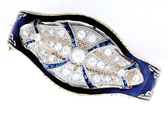 Appraisal: Diamond and enameled bangle bracelet circa hand-constructed with filigree insert