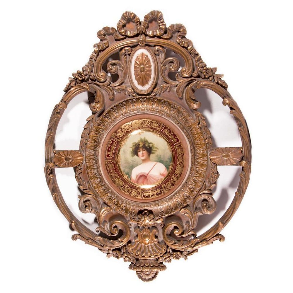 Appraisal: Elaborately framed hand painted German porcelain plate Artist Gesetzlich Geschutzt