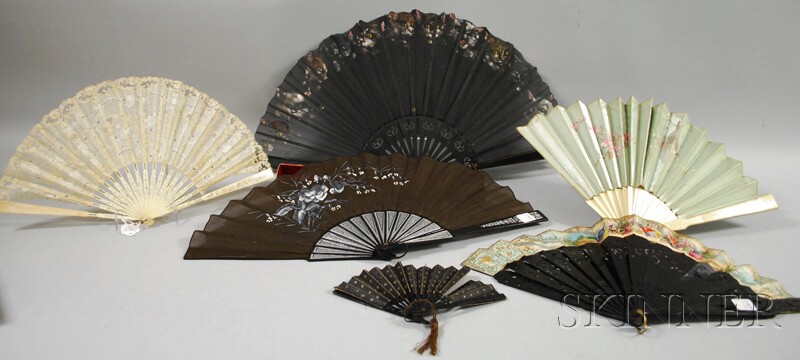 Appraisal: Six Decorated Hand Fans with carved wood sticks a French