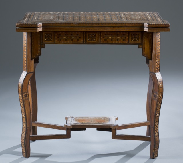 Appraisal: Moroccan Card Table Extensive Marquertry and Mother of Pearl Inlay