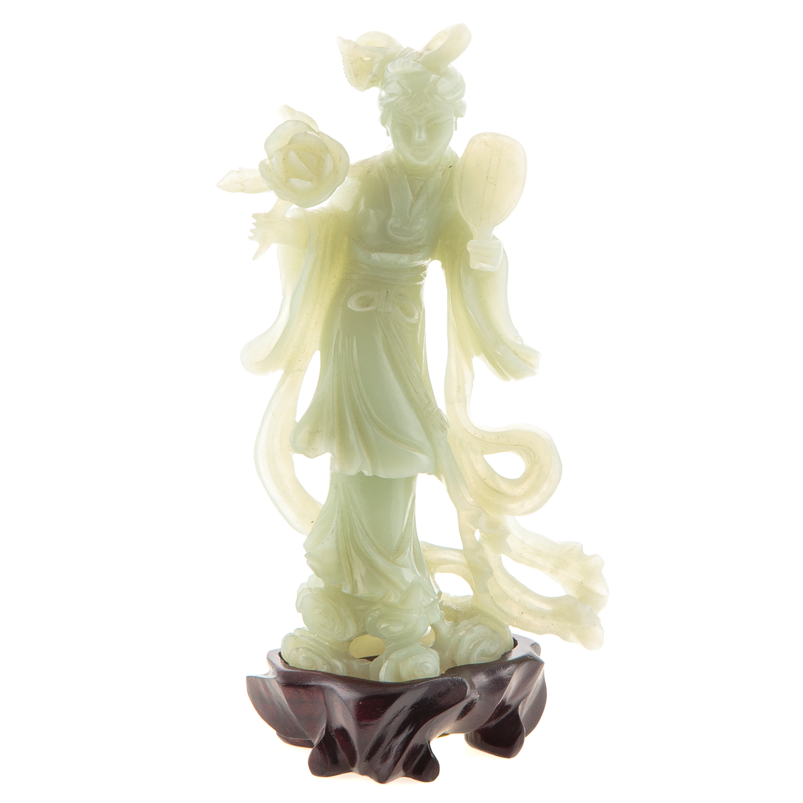 Appraisal: CHINESE CARVED JADE QUAN YIN in H with wood stand