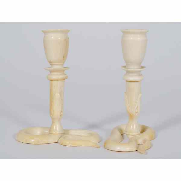 Appraisal: Ivory Snake Candlesticks th century A pair of ivory candlesticks