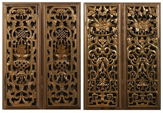 Appraisal: TWO PAIR CHINESE GILT WOOD PANELS Early century Carved in