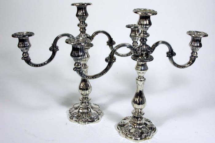 Appraisal: PAIR OF GORHAM STERLING SILVER THREE-LIGHT CANDELABABRA chased and engraved